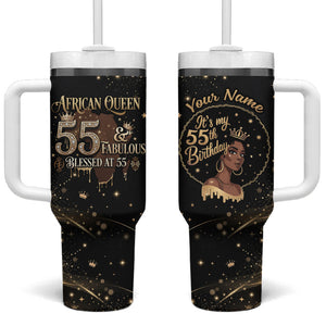 Personalized African Queen 55th Birthday Tumbler With Handle Black Yellow Glitter Sparkle Afro Crown Glam Art