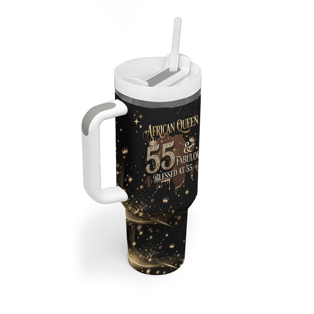 Personalized African Queen 55th Birthday Tumbler With Handle Black Yellow Glitter Sparkle Afro Crown Glam Art