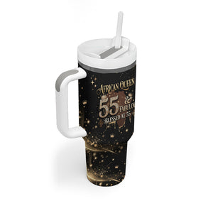 Personalized African Queen 55th Birthday Tumbler With Handle Black Yellow Glitter Sparkle Afro Crown Glam Art