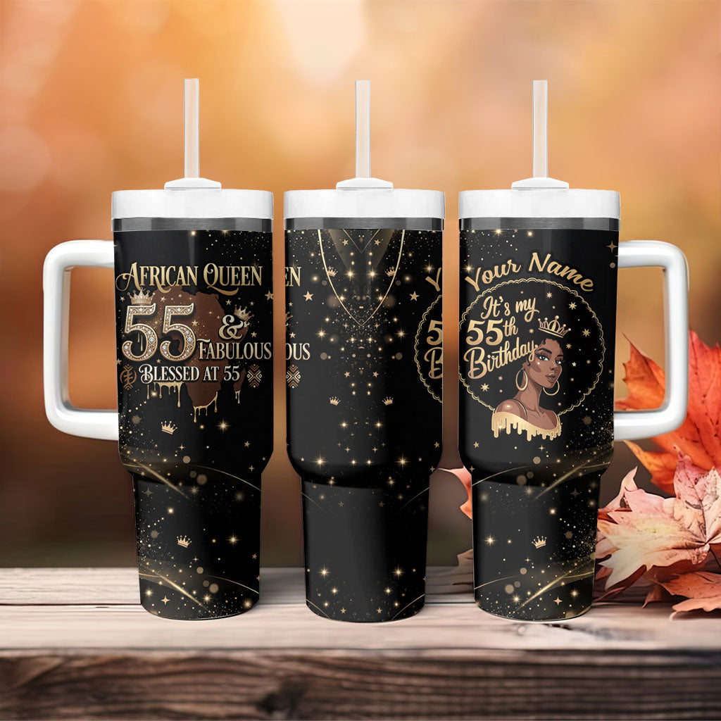 Personalized African Queen 55th Birthday Tumbler With Handle Black Yellow Glitter Sparkle Afro Crown Glam Art
