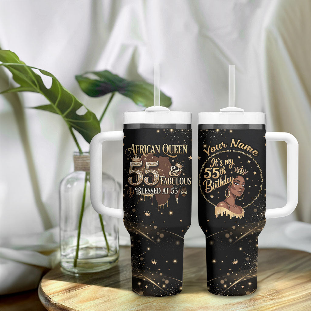 Personalized African Queen 55th Birthday Tumbler With Handle Black Yellow Glitter Sparkle Afro Crown Glam Art