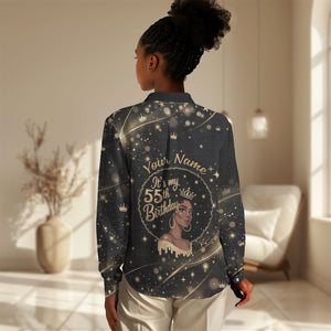 Personalized African Queen 55th Birthday Women Casual Shirt Black Yellow Glitter Sparkle Afro Crown Glam Art