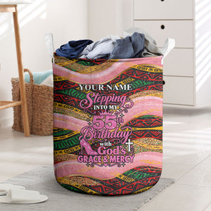 Personalized African Queen Stepping Into My 55th Birthday Laundry Basket Pink Sparkle Glitter Tribal Kente