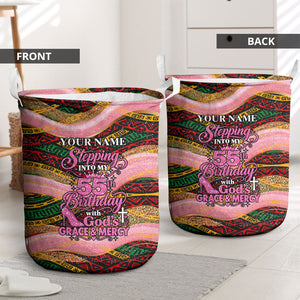 Personalized African Queen Stepping Into My 55th Birthday Laundry Basket Pink Sparkle Glitter Tribal Kente