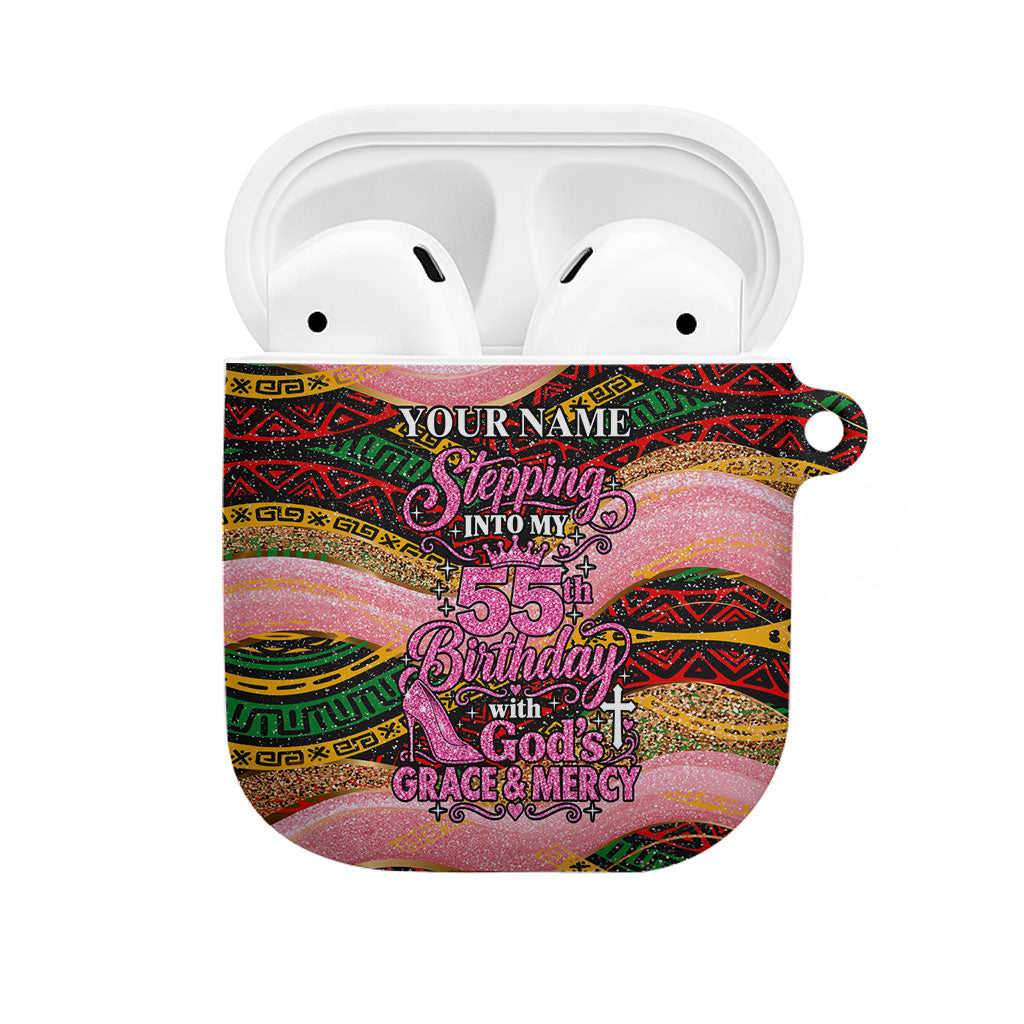 Personalized African Queen Stepping Into My 55th Birthday AirPods Case Pink Sparkle Glitter Tribal Kente