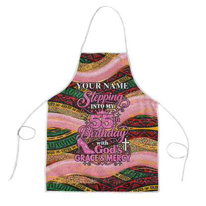 Personalized African Queen Stepping Into My 55th Birthday Apron Pink Sparkle Glitter Tribal Kente