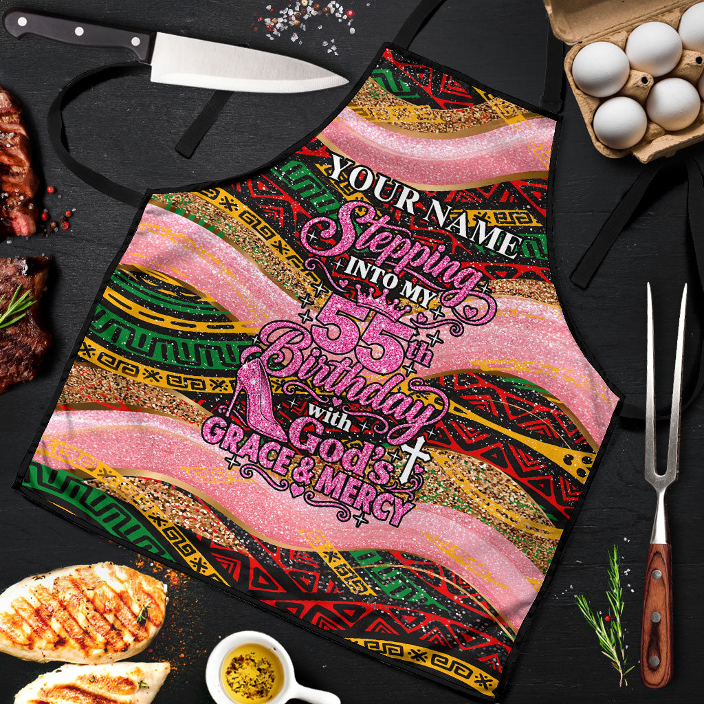 Personalized African Queen Stepping Into My 55th Birthday Apron Pink Sparkle Glitter Tribal Kente
