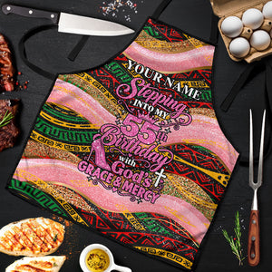 Personalized African Queen Stepping Into My 55th Birthday Apron Pink Sparkle Glitter Tribal Kente