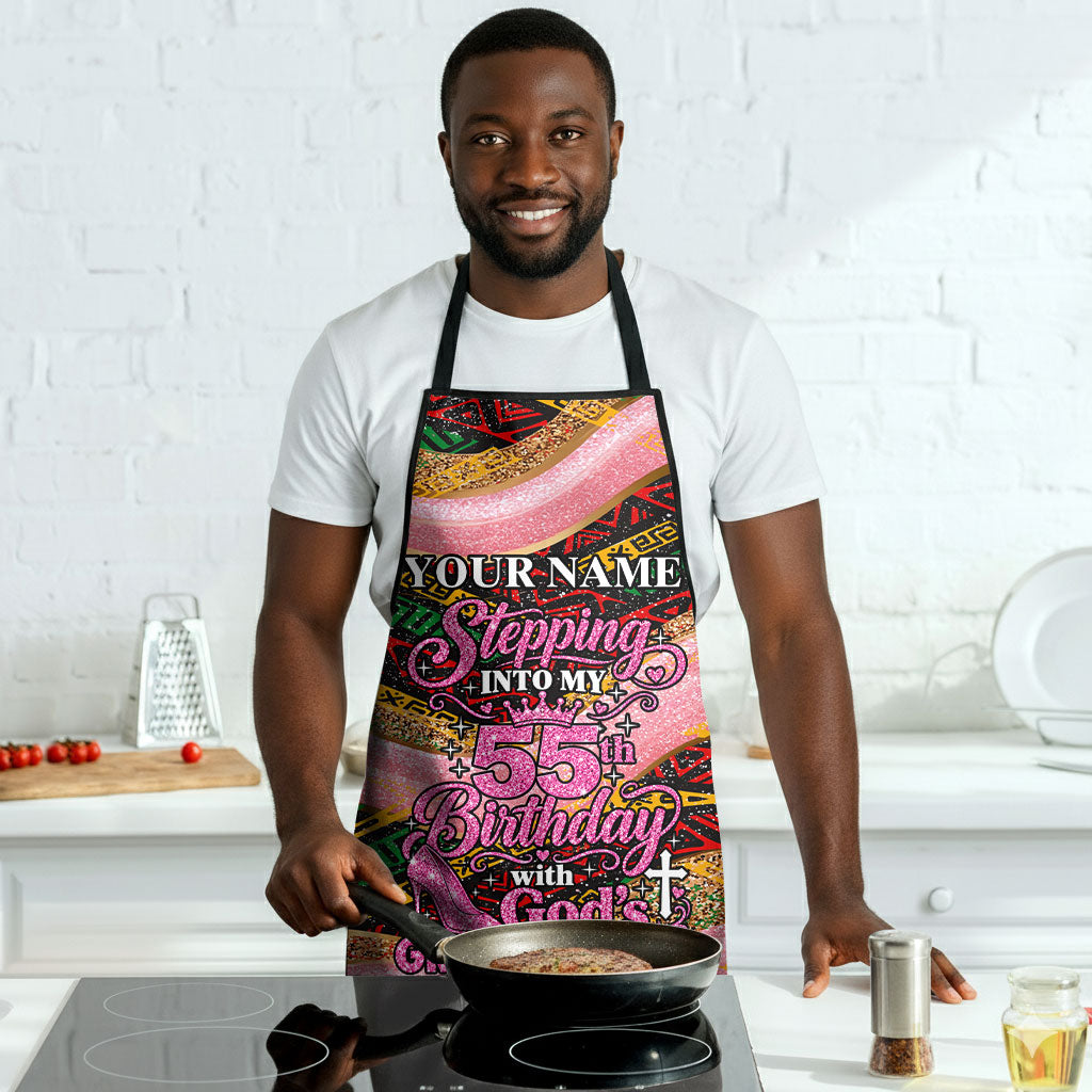 Personalized African Queen Stepping Into My 55th Birthday Apron Pink Sparkle Glitter Tribal Kente