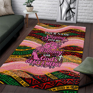 Personalized African Queen Stepping Into My 55th Birthday Area Rug Pink Sparkle Glitter Tribal Kente