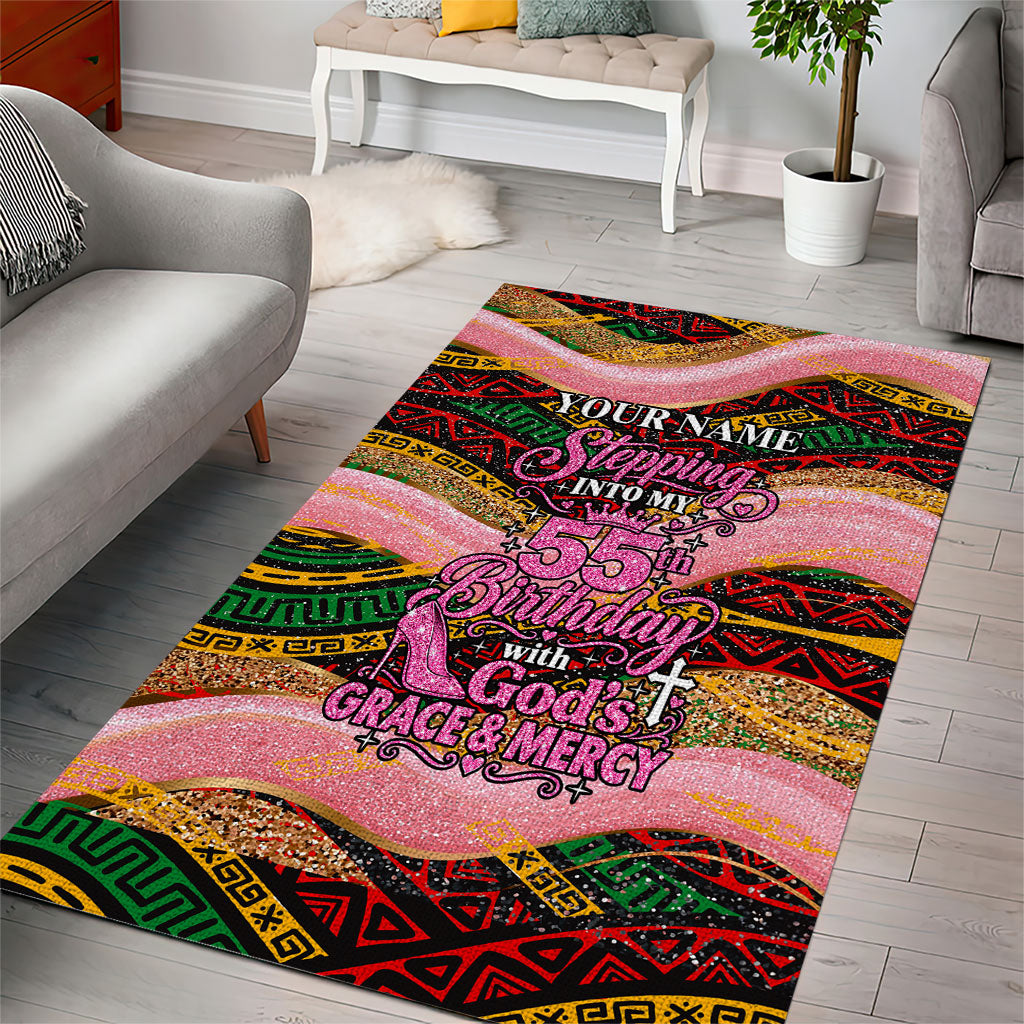 Personalized African Queen Stepping Into My 55th Birthday Area Rug Pink Sparkle Glitter Tribal Kente