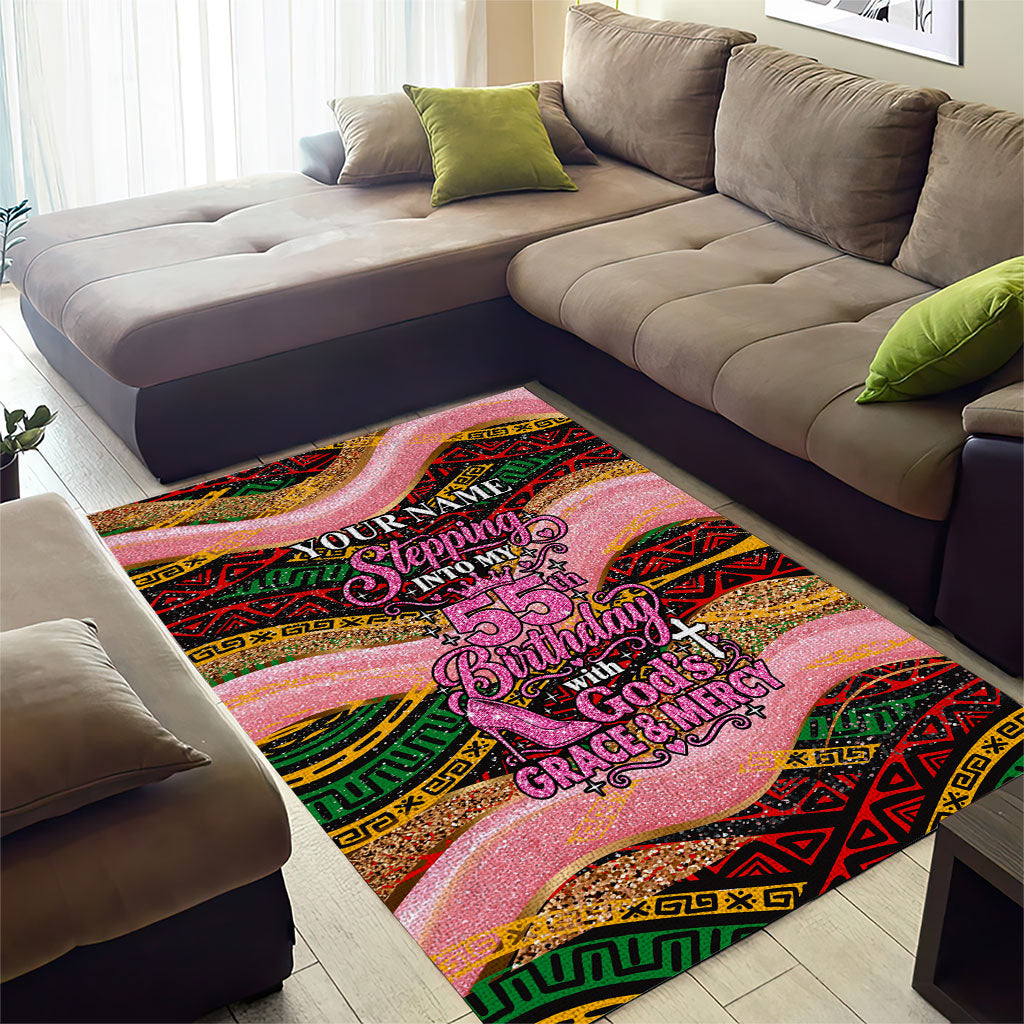 Personalized African Queen Stepping Into My 55th Birthday Area Rug Pink Sparkle Glitter Tribal Kente
