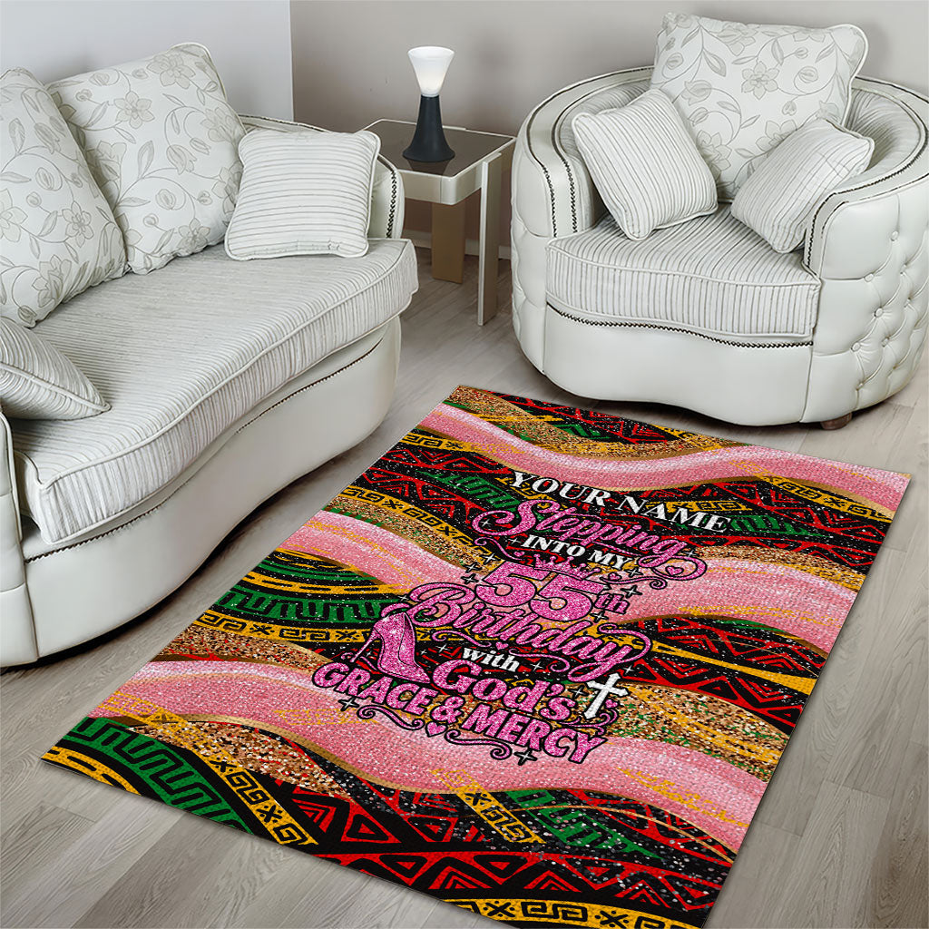 Personalized African Queen Stepping Into My 55th Birthday Area Rug Pink Sparkle Glitter Tribal Kente