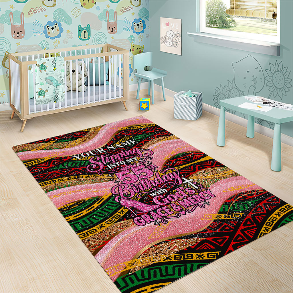 Personalized African Queen Stepping Into My 55th Birthday Area Rug Pink Sparkle Glitter Tribal Kente
