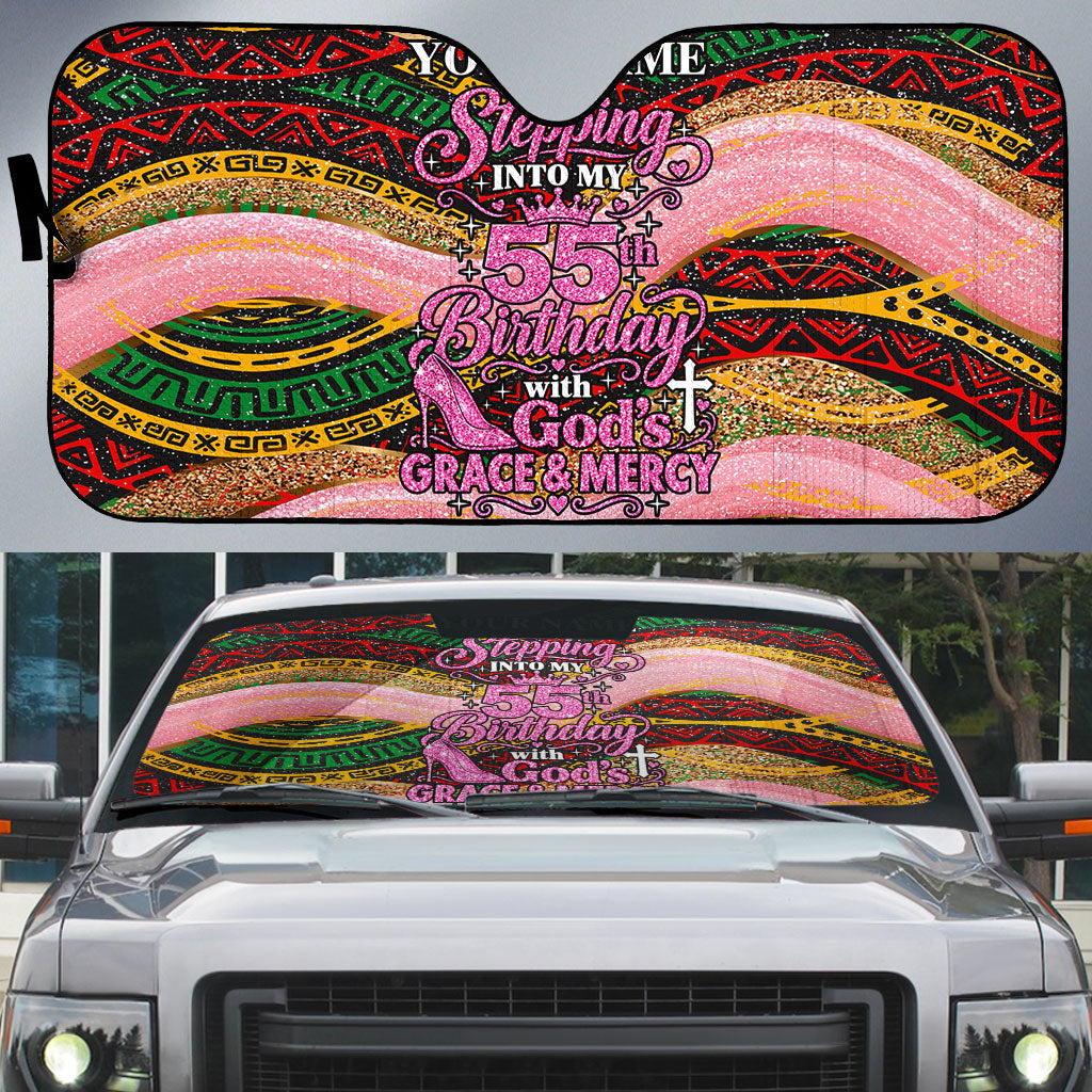 Personalized African Queen Stepping Into My 55th Birthday Auto Sun Shade Pink Sparkle Glitter Tribal Kente