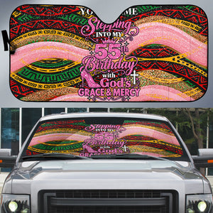 Personalized African Queen Stepping Into My 55th Birthday Auto Sun Shade Pink Sparkle Glitter Tribal Kente