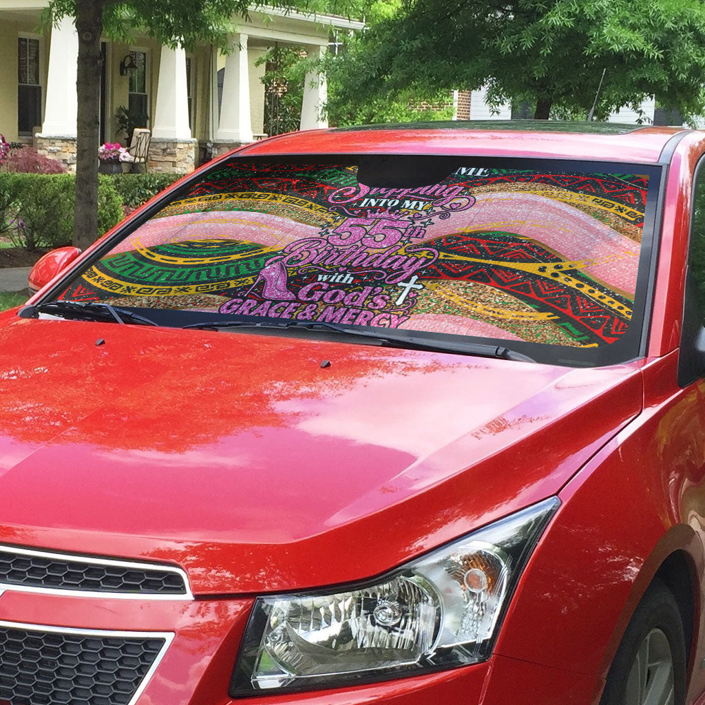Personalized African Queen Stepping Into My 55th Birthday Auto Sun Shade Pink Sparkle Glitter Tribal Kente