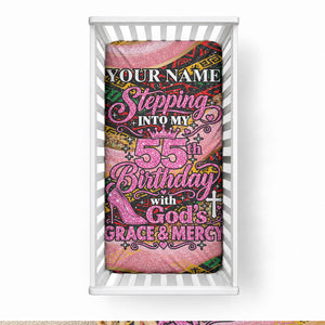 Personalized African Queen Stepping Into My 55th Birthday Baby Bed Cover Pink Sparkle Glitter Tribal Kente
