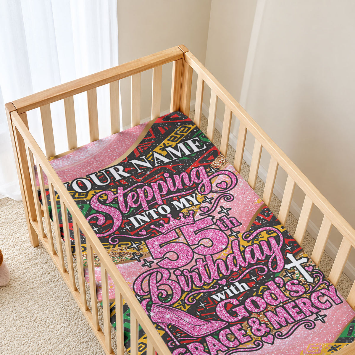 Personalized African Queen Stepping Into My 55th Birthday Baby Bed Cover Pink Sparkle Glitter Tribal Kente