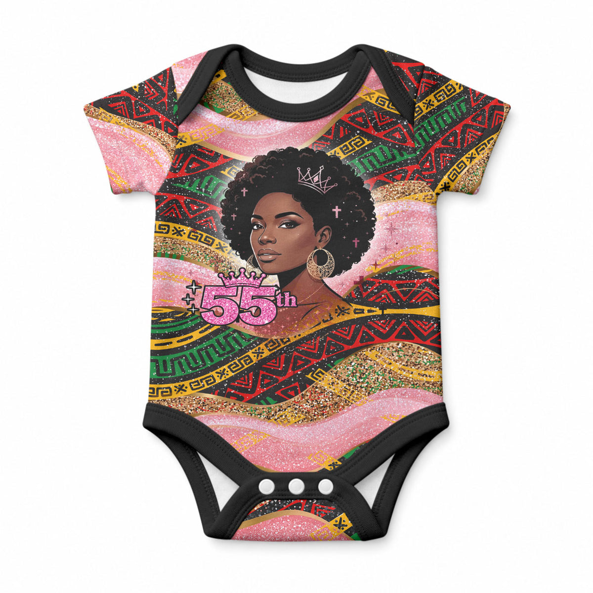 Personalized African Queen Stepping Into My 55th Birthday Baby Onesie Pink Sparkle Glitter Tribal Kente