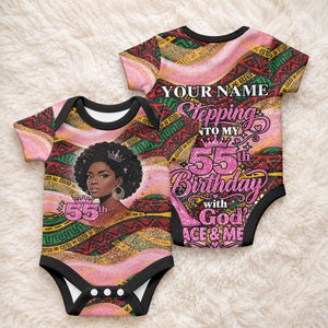 Personalized African Queen Stepping Into My 55th Birthday Baby Onesie Pink Sparkle Glitter Tribal Kente