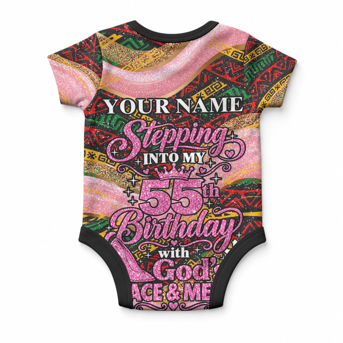 Personalized African Queen Stepping Into My 55th Birthday Baby Onesie Pink Sparkle Glitter Tribal Kente
