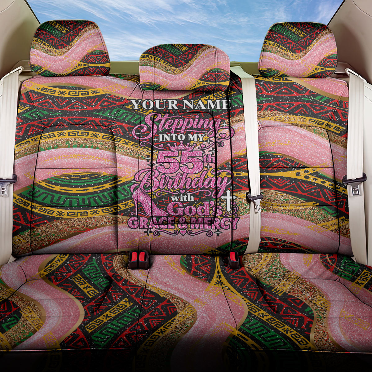 Personalized African Queen Stepping Into My 55th Birthday Back Car Seat Cover Pink Sparkle Glitter Tribal Kente