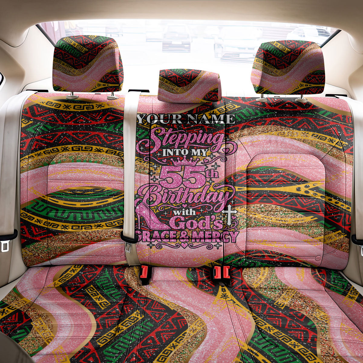 Personalized African Queen Stepping Into My 55th Birthday Back Car Seat Cover Pink Sparkle Glitter Tribal Kente