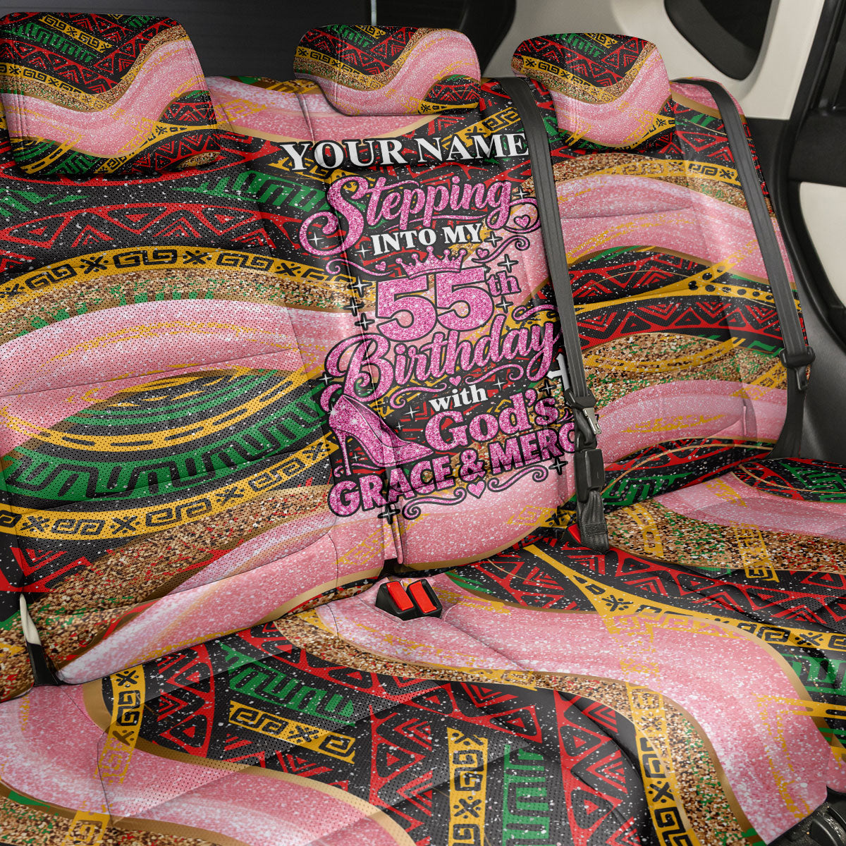 Personalized African Queen Stepping Into My 55th Birthday Back Car Seat Cover Pink Sparkle Glitter Tribal Kente