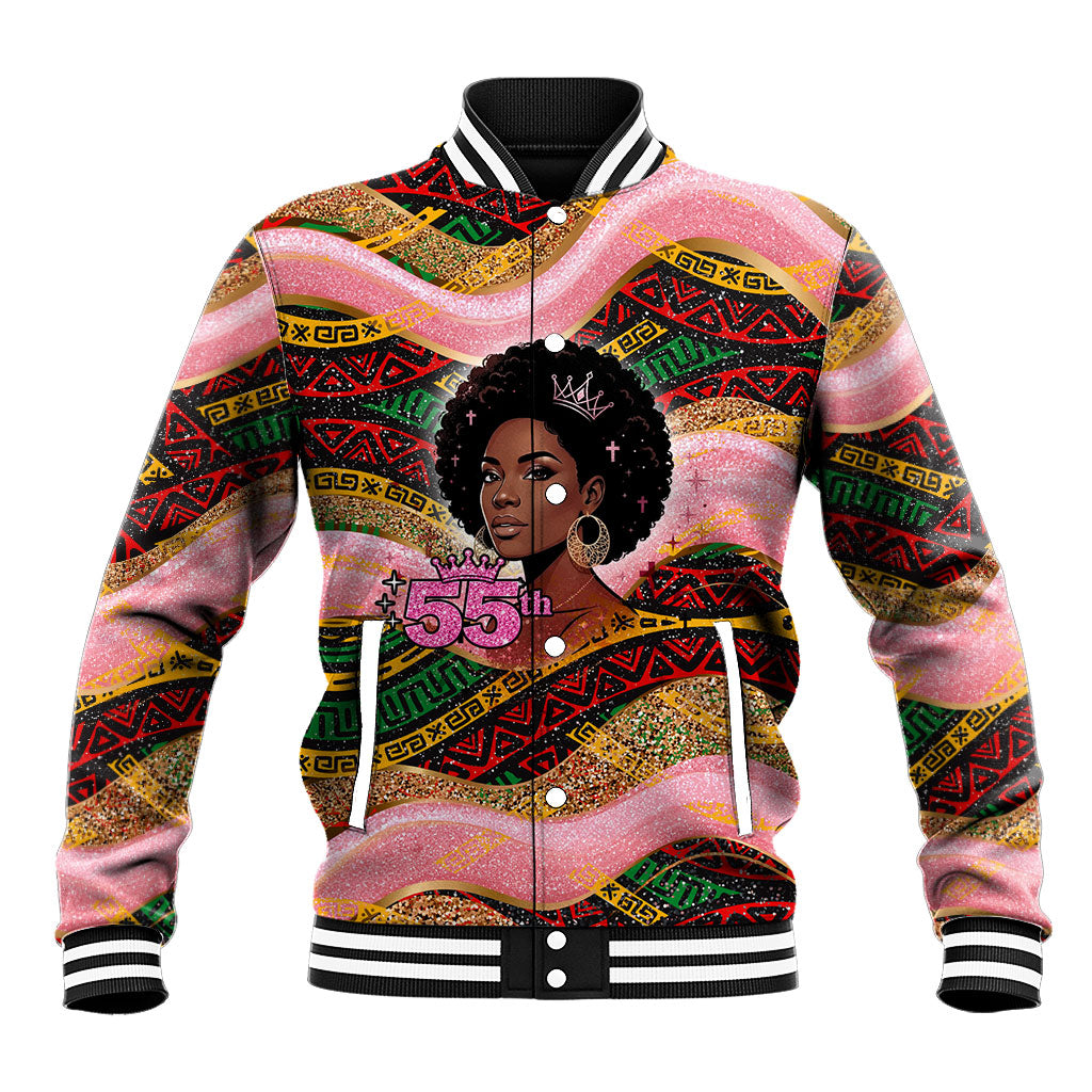 Personalized African Queen Stepping Into My 55th Birthday Baseball Jacket Pink Sparkle Glitter Tribal Kente