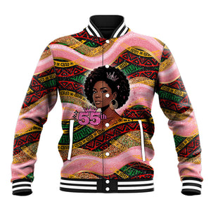 Personalized African Queen Stepping Into My 55th Birthday Baseball Jacket Pink Sparkle Glitter Tribal Kente