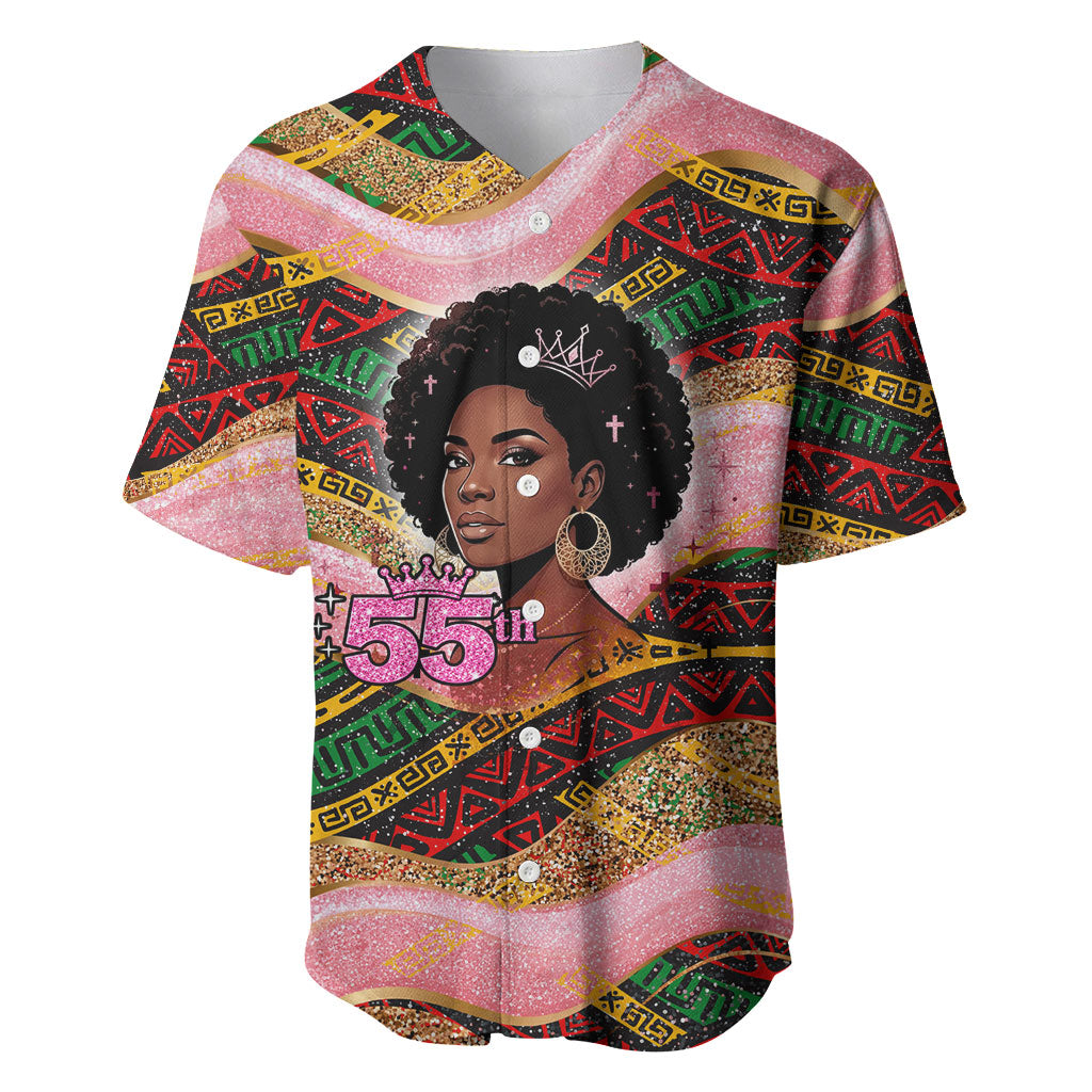 Personalized African Queen Stepping Into My 55th Birthday Baseball Jersey Pink Sparkle Glitter Tribal Kente
