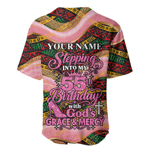 Personalized African Queen Stepping Into My 55th Birthday Baseball Jersey Pink Sparkle Glitter Tribal Kente