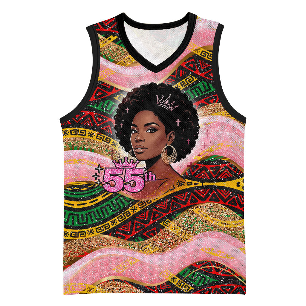 Personalized African Queen Stepping Into My 55th Birthday Basketball Jersey Pink Sparkle Glitter Tribal Kente