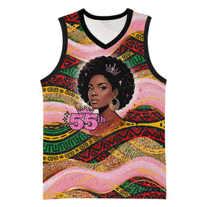 Personalized African Queen Stepping Into My 55th Birthday Basketball Jersey Pink Sparkle Glitter Tribal Kente