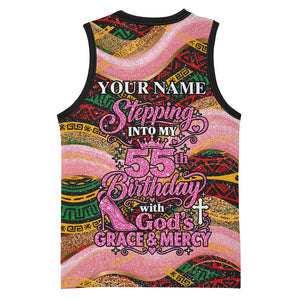Personalized African Queen Stepping Into My 55th Birthday Basketball Jersey Pink Sparkle Glitter Tribal Kente