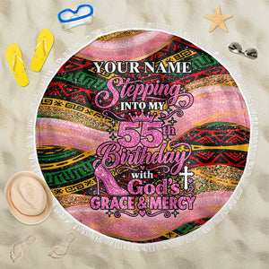 Personalized African Queen Stepping Into My 55th Birthday Beach Blanket Pink Sparkle Glitter Tribal Kente