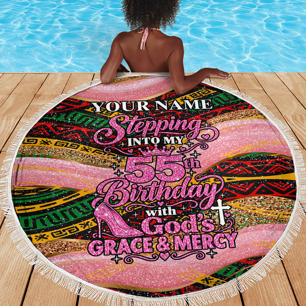 Personalized African Queen Stepping Into My 55th Birthday Beach Blanket Pink Sparkle Glitter Tribal Kente