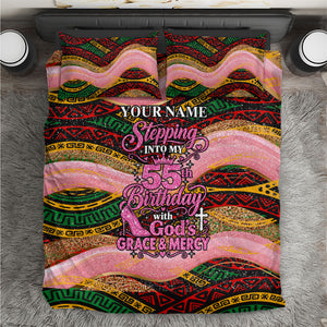 Personalized African Queen Stepping Into My 55th Birthday Bedding Set Pink Sparkle Glitter Tribal Kente