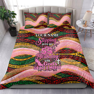 Personalized African Queen Stepping Into My 55th Birthday Bedding Set Pink Sparkle Glitter Tribal Kente