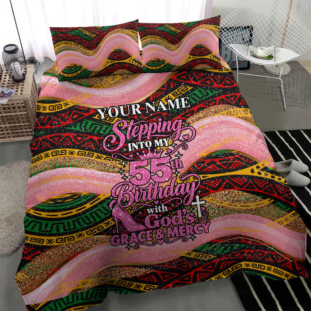 Personalized African Queen Stepping Into My 55th Birthday Bedding Set Pink Sparkle Glitter Tribal Kente