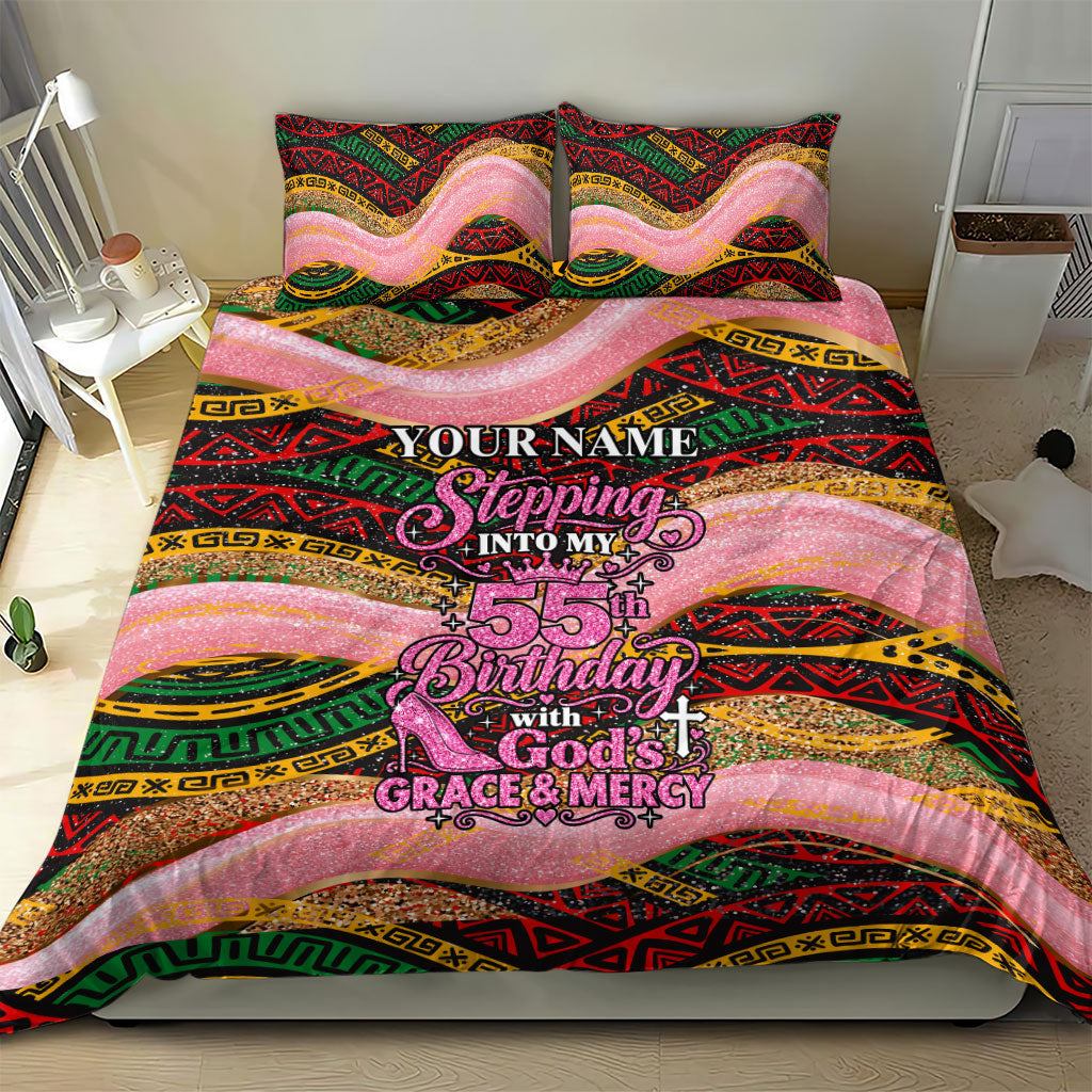 Personalized African Queen Stepping Into My 55th Birthday Bedding Set Pink Sparkle Glitter Tribal Kente