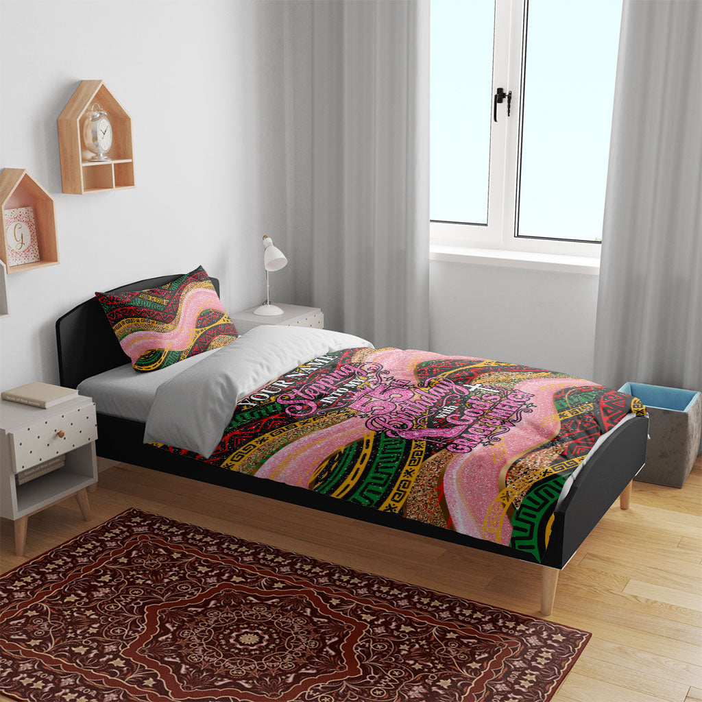 Personalized African Queen Stepping Into My 55th Birthday Bedding Set Pink Sparkle Glitter Tribal Kente