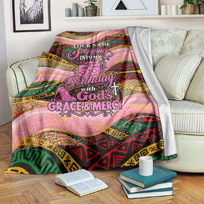 Personalized African Queen Stepping Into My 55th Birthday Blanket Pink Sparkle Glitter Tribal Kente