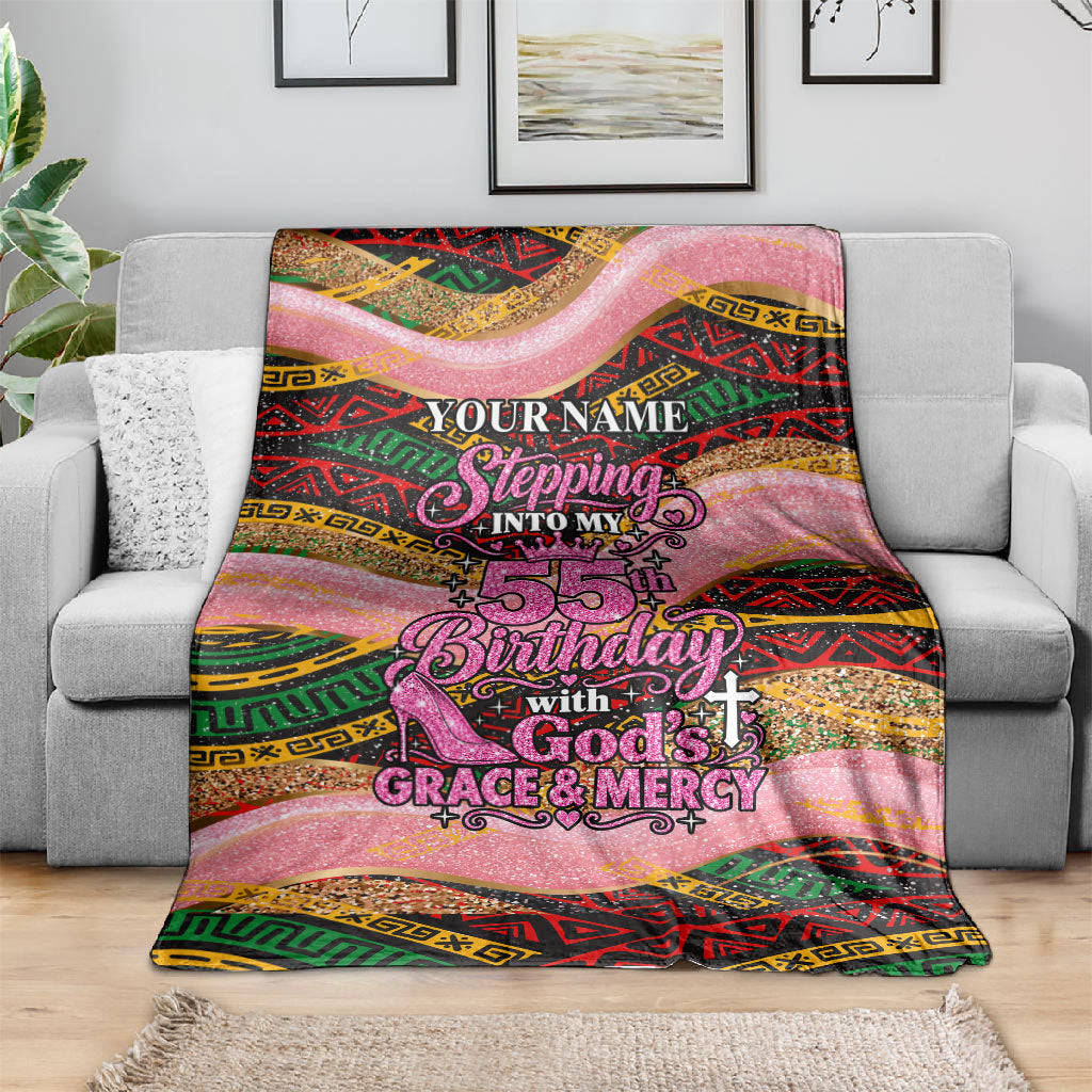 Personalized African Queen Stepping Into My 55th Birthday Blanket Pink Sparkle Glitter Tribal Kente