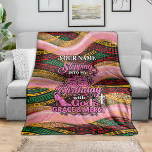 Personalized African Queen Stepping Into My 55th Birthday Blanket Pink Sparkle Glitter Tribal Kente