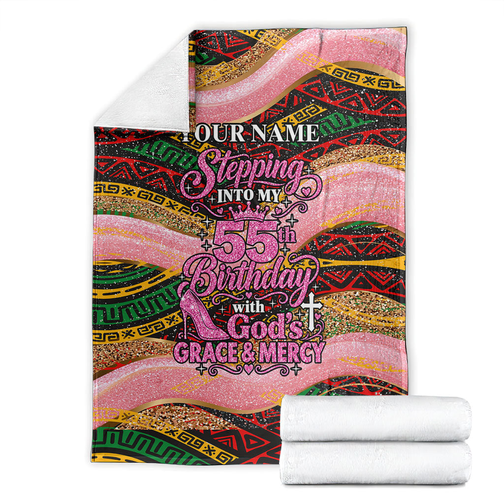 Personalized African Queen Stepping Into My 55th Birthday Blanket Pink Sparkle Glitter Tribal Kente