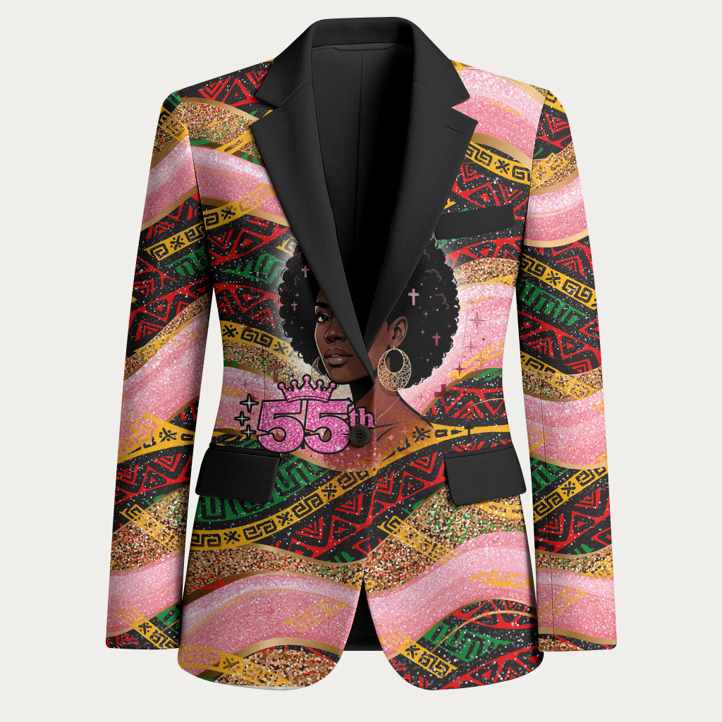 Personalized African Queen Stepping Into My 55th Birthday Blazer Pink Sparkle Glitter Tribal Kente