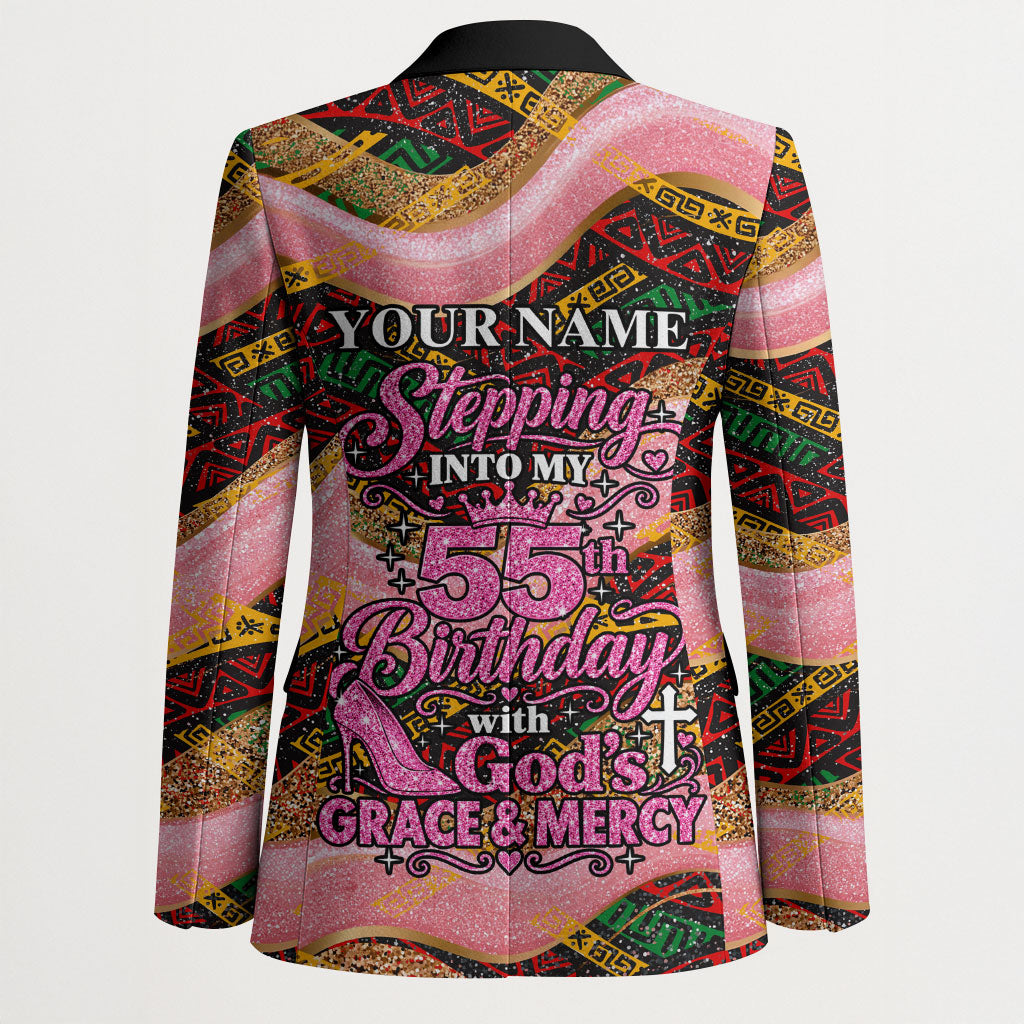 Personalized African Queen Stepping Into My 55th Birthday Blazer Pink Sparkle Glitter Tribal Kente