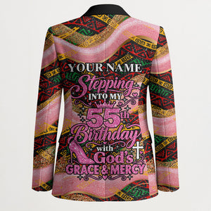 Personalized African Queen Stepping Into My 55th Birthday Blazer Pink Sparkle Glitter Tribal Kente